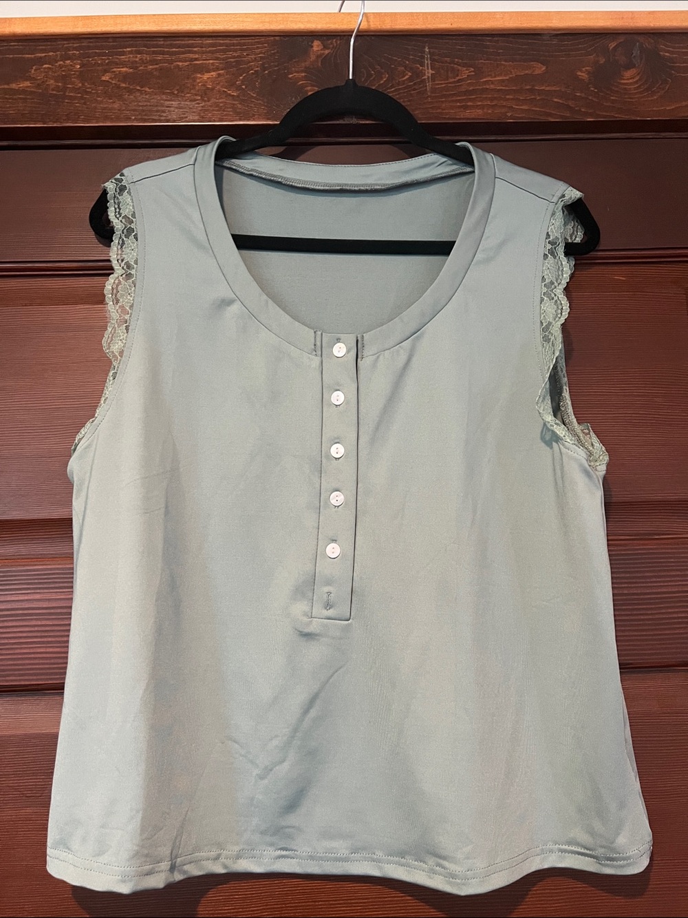 Sleeveless Lace-Trim Henley Top in Sage Green